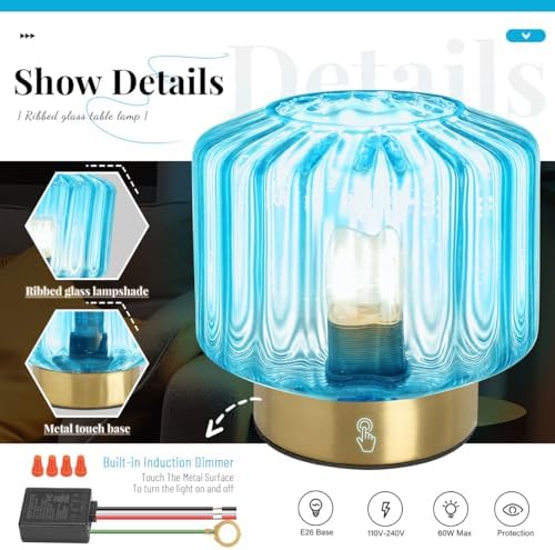Mid Century Modern Table lamp Small Table Lamps with Touch Metal Base and Blue Glass Shade Vintage Gold Desk lamp nightstand lamp Bedside Table lamp for Bedroom Living Room Office - Image 4