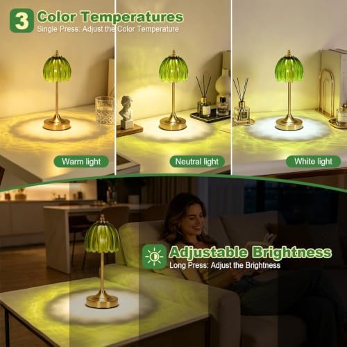 Glass Tulip Table Lamp, Cordless Rechargeable Desk Lamp - Green - Image 3