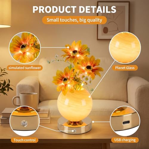 Sunflower Lamp – Rechargeable Wireless Touch-Control Dimmable Faux Flower Desk Light, LED Glass Planet Vase Night Light, Kitchen Bedroom Office Decor, Housewarming Gift Women and Mom - Image 5