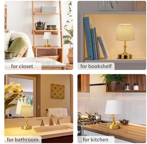 ONEWISH 2 Pack Small Cordless Lamps, Battery Operated Table lamp Dimmable, 4000mAh Rechargeable, Touch Bedside Lamp with White Fabric Shade, 2700K Bulb Included, for Dining, Patio, Bathroom(Gold) - Image 6