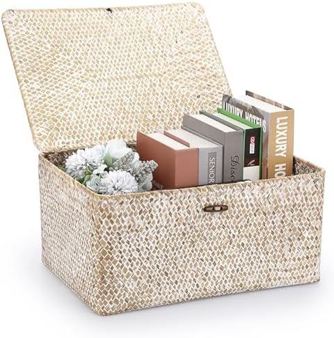 Hipiwe Wicker Woven Baskets Bin with Lid Seagrass Storage Basket, X-Large by Hipiwe