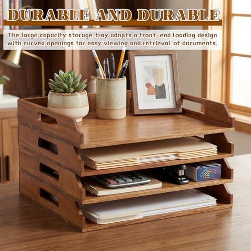 AceOrbit 4 Pcs Stackable Paper Tray Acacia Wood Desk Organizer Letter Tray - Image 4