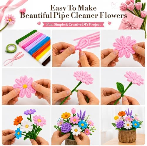 Yumcute 500 Pcs Pipe Cleaner Flower Kit, 9-Color Chenille Stems Flower Making Supplies with Floral Wires & Tape, DIY Forever Bouquet Art Craft Gift for Adults Home Decor, Birthdays, Anniversaries - Image 4