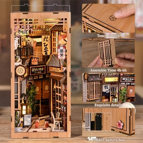 Premium Book Nook Kit, Warm Cat Alley Street View Wooden Bookend with LED Lights, Detailed Pet Theme 3D Diorama, Cozy Home Decor Craft Gift for Cat Lovers & Adults 14+ - Image 6