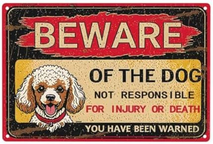 Vintage-Style Metal Tin Sign - Beware of Dog Poodle Humorous Warning Sign with Distressed Red Border, 8x12 Inch Rustic Wall Decor for Yard, Fence, Farm, Kitchen, Garden - Funny Pet Owner Gift by C-CHAIN