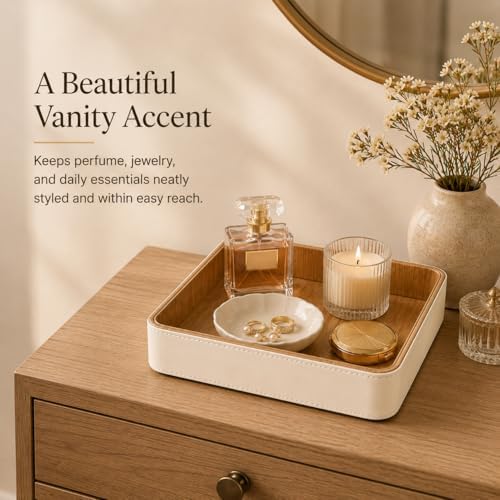 GORESE Square Perfume Tray for Dresser, PU Leather Jewelry Tray for Vanity, Cream White & Wooden - Image 2