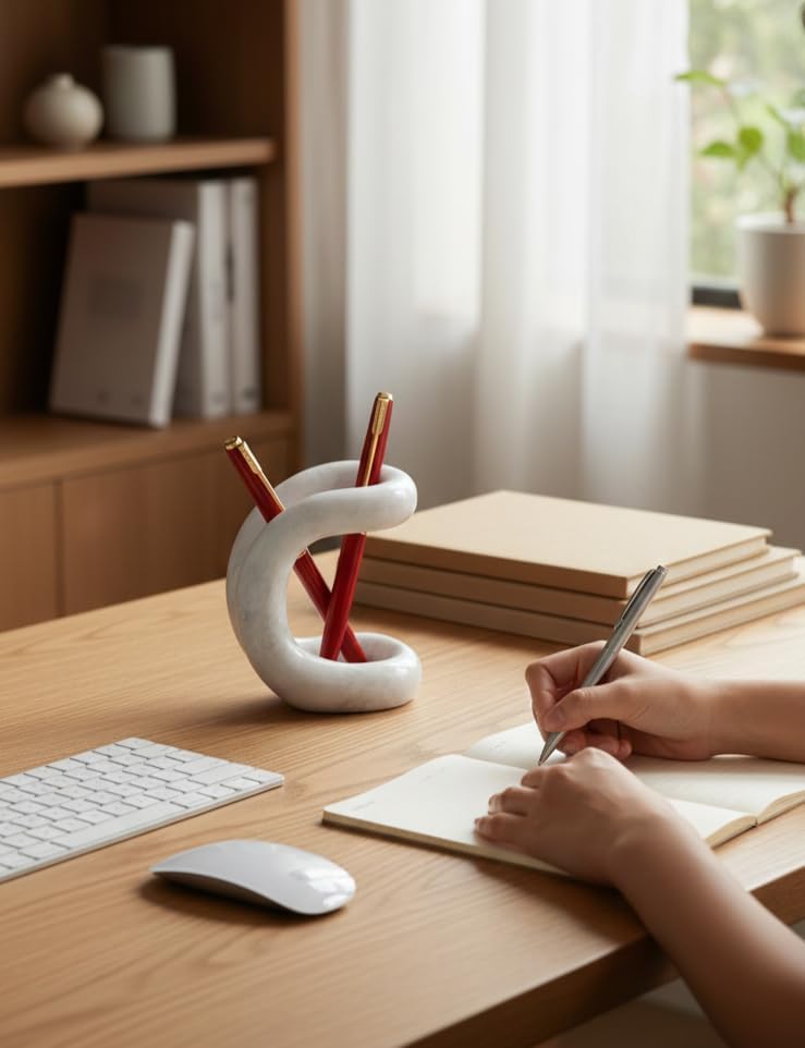Marble Pen Holder for Desk, 4 Inch White Pencil Holder - Image 4