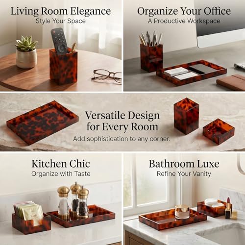 4 Pcs Aesthetic Desk Organizer Set Desk Tray, Pen Holder, Paperclip Storage and Sticky Note Holder Tortoiseshell Office Desktop Decor Accessories for Women or Men - Image 5