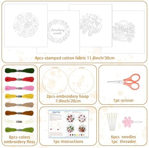 BEUNITONE 4 Set Strawberry Embroidery Kit for Adult Beginners 7.9"x7.9" DIY Stamped Needlepoint Kits with Pre-Printed Designs, Complete Handmade Embroidery Craft for Relaxing Hobby and Home Decor - Image 2