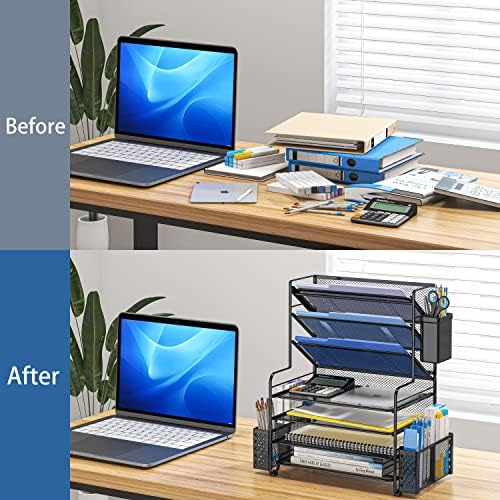 Simple Trending 7 Tier Desk File Organizer, Letter Tray Paper Organizer with Pen Holder and Metal Hanging Basket, Black - Image 4