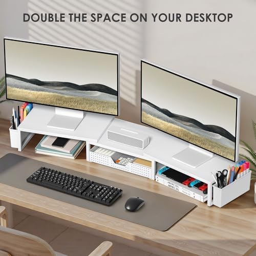 OPNICE Desk Organizers and Accessories, Dual Monitor Stand Riser with Drawer and 2 Pen Holders, Desk Shelf Printer Stand for Office Workspace Organizers, Desktop Organization (White) - Image 4