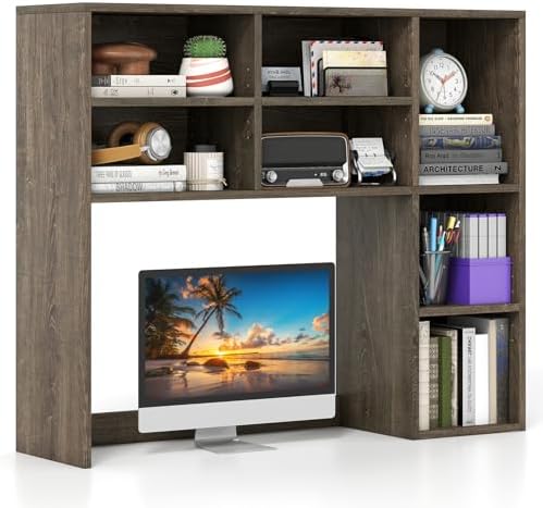 Giantex Desktop Bookshelf, Desk Hutch Dorm w/ 7 Cubes & 3 Adjustable Shelves, Desk Shelf for Up to 27" Computer Monitors, Wooden Desktop Storage Organizer for Dorm College Office Home (Grey Oak) by Giantex