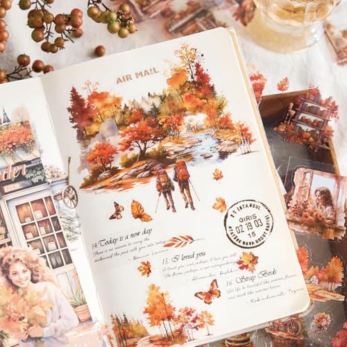 YagCu Autumn Winter Journaling Stickers, 40 Sheets Scrapbook Sticker, Seasons Junk Journal Supplies, Pre-Cut Aesthetic PET Materials for Adults, Fall Decorative DIY Arts Craft - Image 2