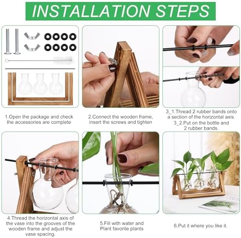 YIBOT Plant Propagation Stations with Wooden Stand & 3 Glass Bulb Vases - Image 5
