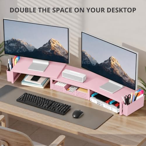 OPNICE Desk Organizers and Accessories, Dual Monitor Stand Riser with Drawer and 2 Pen Holders, Desk Shelf Printer Stand for Office Workspace Organizers, Desktop Organization (Light Pink) - Image 5