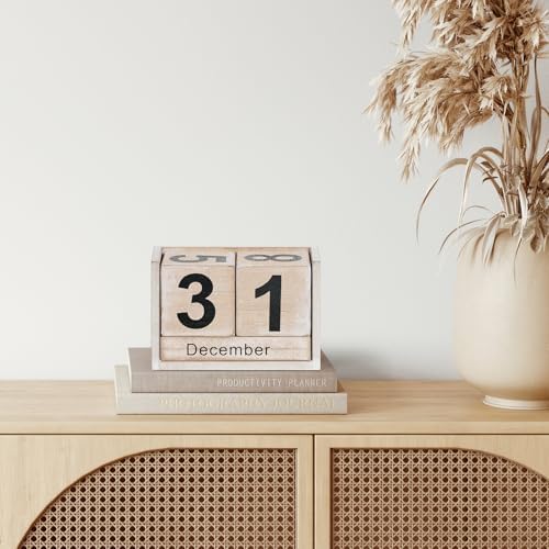 Wooden Block Calendar for Desk, Small Size Daily Desktop Perpetual Desk Calendar, Cute Date Display Desk Accessories for Home Office Decor, Teacher, Classroom, Reusable Yearly, Grey Beige - Image 2