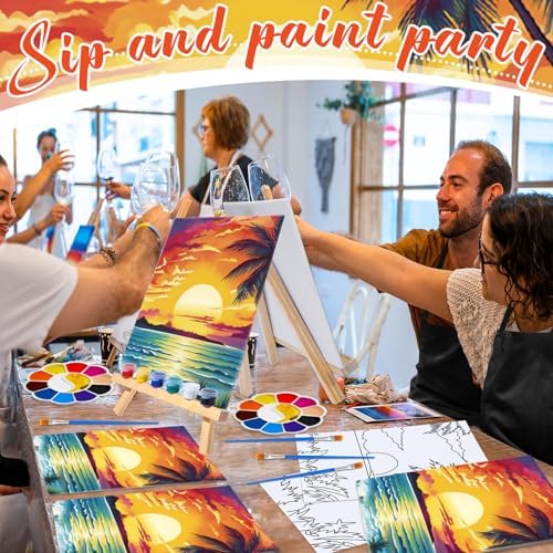 Motipuns 6 Set Pre Drawn Canvas for Painting for Adults Sip and Paint Kit with Easels 8 x 10 Inches Paint Party Kit with Printed Canvas Paints Brushes Palette Apron(Seaside Sunset) - Image 4