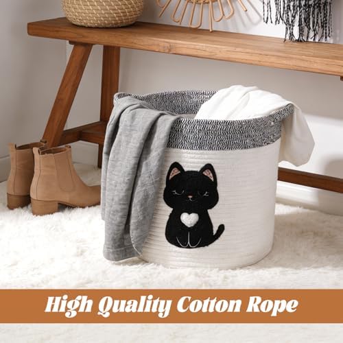 Black Cat Storage Basket - Woven Cotton Rope Basket with Soft Felt Patch, Foldable Organizer for Nursery, Pet Toys & Laundry, Gift & Home Decor (11.8 Inch, Washable) - Image 4