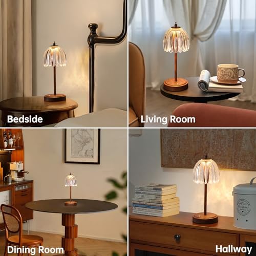 Shenmoyl Tulip Table Lamp with 5200mAh Battery & Touch Control, Small Cordless Table Lamp with 3 Colors, Rechargeable Battery Operated Table Lamps for Bedroom, Desk, Bedside (Transparent-Walnut Color) - Image 4