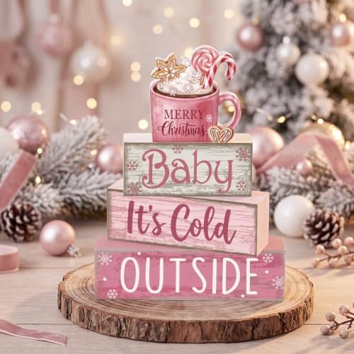Moucuny 4 Pcs Pink Christmas Table Decor Wooden Hot Chocolate Cocoa Decor - Image 5