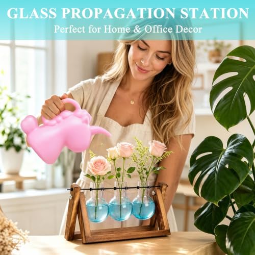XXXFLOWER Plant Terrarium Kit with Wooden Stand 3 Gradient Blue Bulb Vases - Image 4