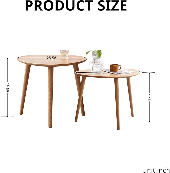 Wayshome 100% Solid Oak Wood Nesting Coffee Table, Small Oval Coffee Tables Set, Mid Century Modern Round Tables for Living Room, Pebble Side Table for Balcony (Nature, Combine)