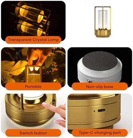 Portable Metal Table Lamp for Indoor/Outdoor ,Rechargeable Cordless LED Lamp, 3-Colour Infinitely Dimming Battery Powered Small Desk Lamp, Restaurant/Bedroom/Bar/Coffee/Camping Light (Gold Set of 2) - Image 6