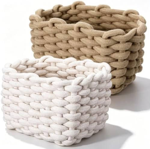 Tiny Basket 2 Pack Handwoven Cotton Rope Storage Bins, Small Baskets for Gifts, White & Light Brown, 7.7x5.1x6.1 Inch, Minimalist Boho Decor for Vanity Desk Bathroom Bedroom Organizer - Image 7