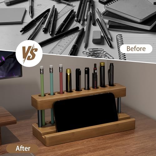 Wooden Pen Holder for Desk, Solid Wood Pen Display Stand with 9 Slots - Image 5