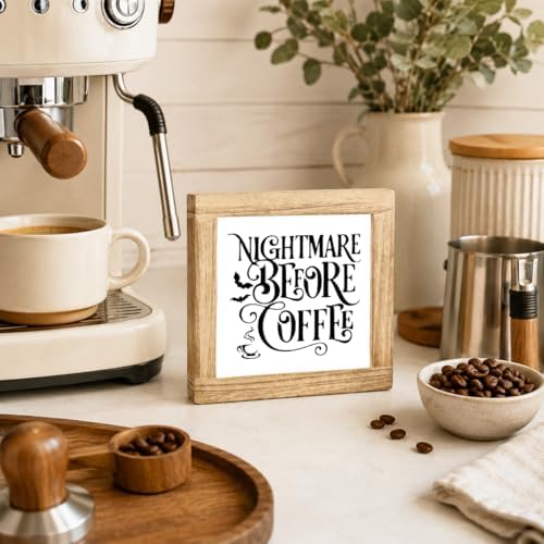 Nightmare Before Coffee Wooden Plaque, Halloween Coffee Bar Sign, Gothic Kitchen Counter Accent, Spooky Farmhouse Shelf Display For Desk Pantry Breakfast Nook Home Decor, 5.9 x 5.9 in - Image 4