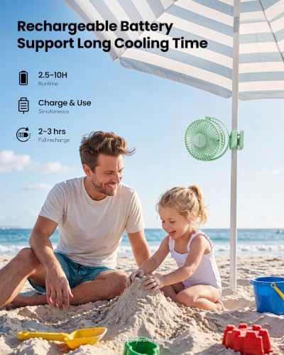 Gaiatop Portable Clip on Fan Battery Operated, Small Powerful 3 Speed Quiet 360° Rotate, USB Rechargeable Mini Personal Cooling Fan for Desk Table Home Office Stroller Camping Women Gifts Green - Image 4