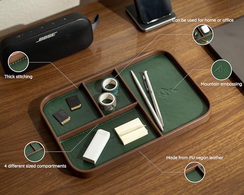 MUUJEE Leather Catchall Multitray (Design 3) - 11.65 x 7.75 x 0.8, Nightstand Entryway Bedside Dump Tray Valet Organizer for Keys Phone Wallet Watch Glasses Pens, Office Desk Accessory for Men, Green - Image 4