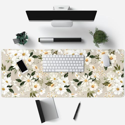 Daisy Floral Daisies Large Mouse Pad Watercolor Flowers Desk Mat, Washable Mousepad LYC Cloth Stitched Edges Women Girls Gaming Mousepad Computer Pc Laptop Desk Mat 31.5 X 11.8 in - Image 3