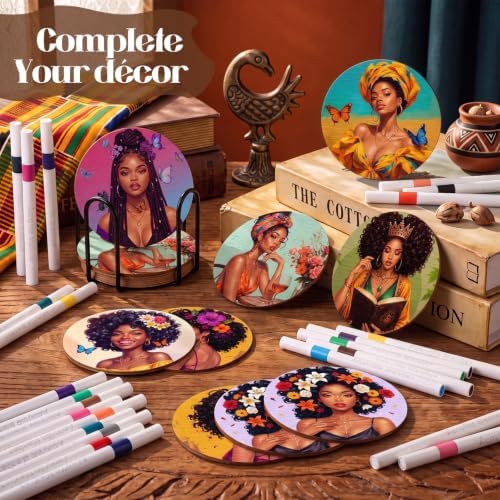 Reallnaive 45 Pcs Wooden Coasters Painting Set with Markers 4 Inch Boho Drink Coaster Gift Arts and Crafts DIY Kit for Adults, Women, Hobby, Ornament Home Apartment Decor (Character) - Image 4