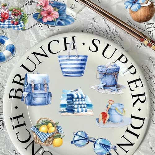50PCS Transparent Blue Beach Stickers Aesthetic PET Stickers Blue Ocean Decal Waterproof Decorative Decals for Scrapbook DIY Crafts Album Bullet Journal Planner Water Bottles Laptop Phone (Blue-A) - Image 2
