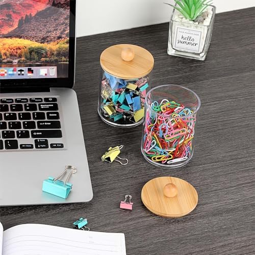 BTSKY 4 Pack PaperClip Holders with Bamboo Lid, Round Binder Holder for Desk, Clear Paper Clip Dispenser Small Office Supply Accessory Organizer Qtip Holder for Office Bathroom Vanity, Clear - Image 4
