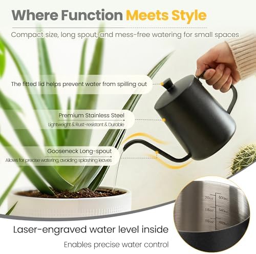 Watering Can Indoor Plants, 20 oz Metal Mini Indoor Watering Can with Long Spout for Houseplants, 13.5 oz Glass Plant Mister Spray Bottle for Bonsai Garden Flower Seedlings (Black/Grey) - Image 2