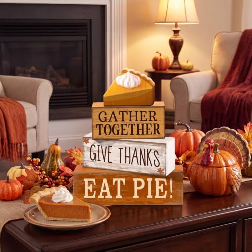 Moucuny 4 Pcs Fall Coffee Table Decor Wooden Pie Topper Thanksgiving - Image 3