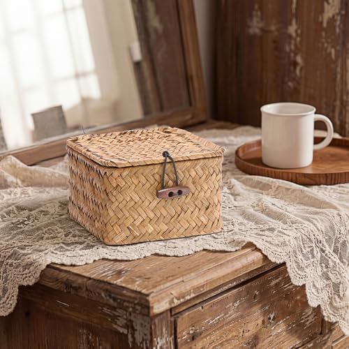 Hipiwe Handwoven Seagrass Basket Decorative Shelf Basket with Lid Mini Square Wicker Storage Box, Caramel Color, 4.7" x 4.7" x 3" - Image 7