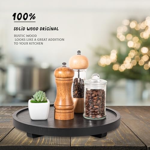 Round Decorative Tray Wood Bathroom Counter Organizer Farmhouse Kitchen Decor Wooden Riser for Soap Dish, Perfume, Candle, Sponge, 11" - Black - Image 2