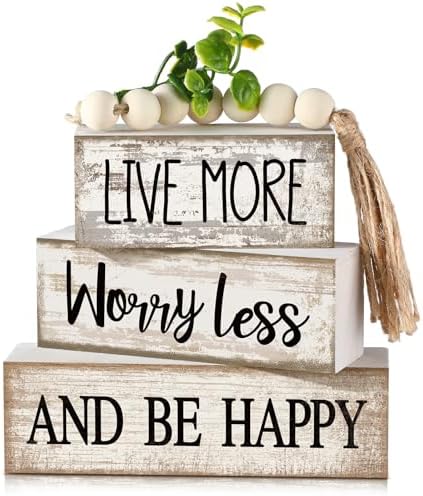 Moucuny 4 Pcs Inspirational Farmhouse Table Decor Rustic Stacked Wooden Block Sign - Live More Worry Less Be Happy Centerpieces Set with Beaded Tassel and Artificial Plant for Home, Office, Shelf Gift by Moucuny