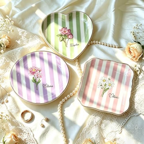 Personalized Birth Flower Ring Dish Custom Name Jewelry Trinket Tray Ceramic Floral Dish Gift for Mom Bridesmaid Friend Birthday Wedding Mother's Day by Unknown