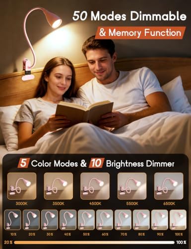 Reading Light for Book in Bed,Clip on Light Reading Lamp with Adapter Pink - Image 2
