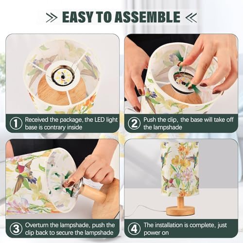 Fustylead Hummingbirds Colorful Flowers Bedside Table Lamps with USB Port for Bedroom Lamp Accent Table Lamp Small Nightstand Lamp Sturdy Linen Shade Wooden Base Decorative Lamps for Kids|Dorm|Home - Image 6