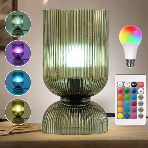 Modern RGB Glass Table Lamp with Remote，Color Changing Bedside Lamp with Green Glass Shade, 16 Colors, On/Off Cord Switch, Nightstand Lamp for Bedroom, Living Room, Office,Bulb Included by Unknown