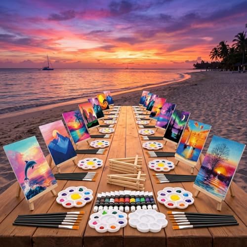 Cholemy 99 Pcs 16 Set Sip and Paint Kit for Adults 8"x 10" Pre Drawn Canvas Painting with Wooden Easel Pre Printed Canvas Painting Favor for DIY Birthday Gifts Adult's Date Party(Vivid Sunset) - Image 6