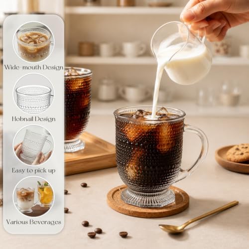 KEMORELA 16oz Hobnail Glass Coffee Mugs Set,Large Glass Mugs with Handle - Image 7