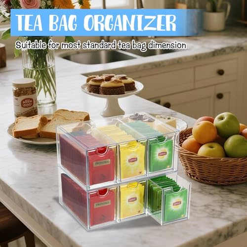 6 Drawers Tea Bag Organizer, Clear Acrylic Tea Bag Storage Organizer, Stackable Tea Packet Drawers Holder for Cabinet, Pantry, Kitchen, Countertop - Image 3