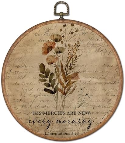 OFJE Vintage Floral Christian Wall Art Decor, His Mercies Are New Every Morning Scripture Round Wall Hanging Decor, Religious Faith Flower Framed Canvas Prints for Living Room Decorations, 10x10 Inch by Unknown