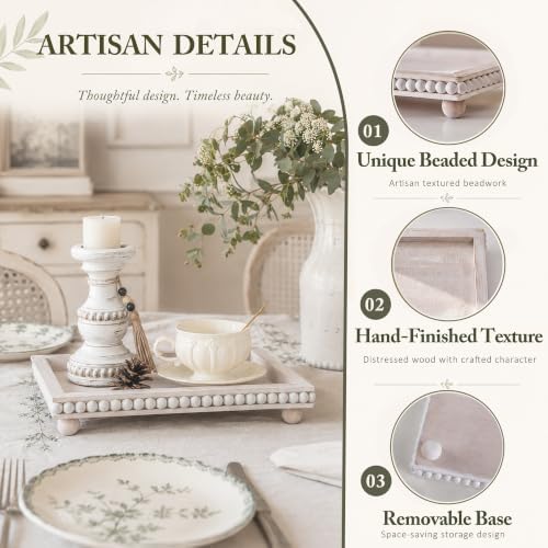 Decorative Coffee Table Tray, 13.5 x 9.7 Inch White Washed Wooden Beaded Tray with Removable Legs, Rustic Farmhouse Rectangular Tray for Coffee Table, Kitchen Counter and Vanity Decor - Image 4